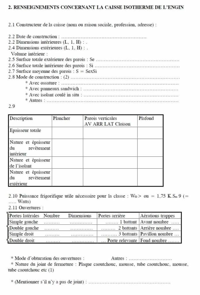 Fiche relative aux engins de transport réfrigérants