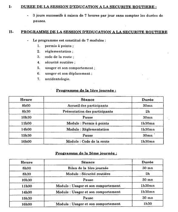 spécifications relatives à organisation des sessions éducation à la sécurité routière