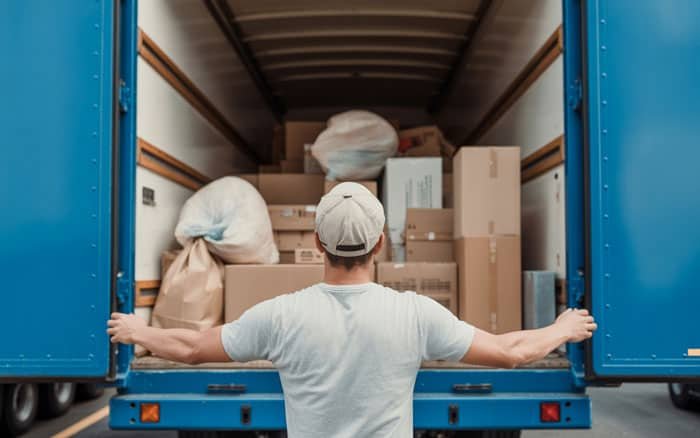 Un homme ouvre les portes arrière d’un camion de livraison