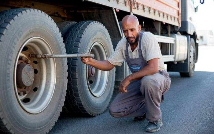 Un mécanicien vérifie la pression d’un pneu de camion