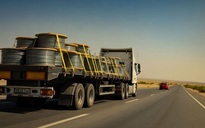 Camion plateau transportant des bobines métalliques sur autoroute