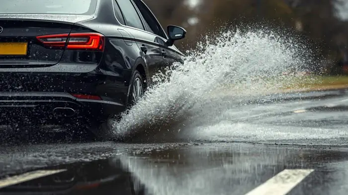 Une voiture noire roulant sur une route mouillée, créant des éclaboussures en passant à travers une flaque d'eau.