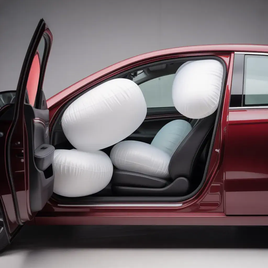 Intérieur d’une voiture avec les airbags latéraux et frontaux déployés pour protéger le conducteur