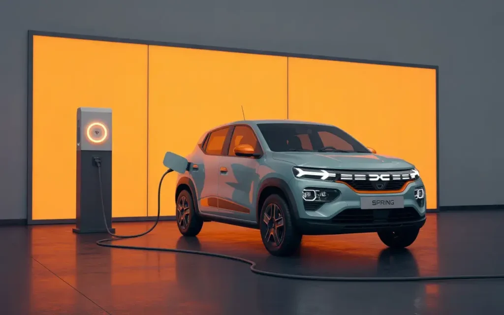 Voiture électrique Dacia Spring branchée à une borne de recharge devant un fond lumineux orange.