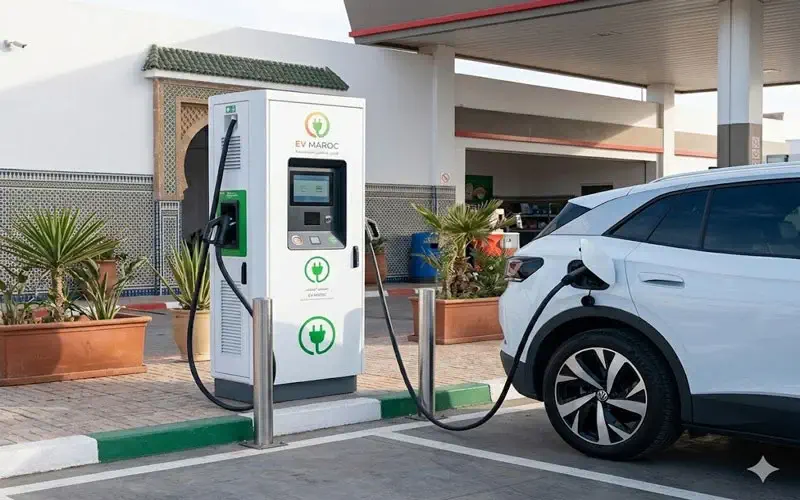 Voiture électrique blanche en charge sur une borne EV Maroc dans une station-service moderne