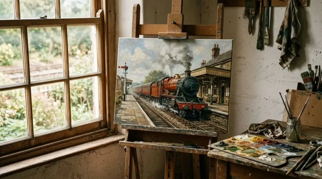 Peinture a l'huile sur chevalet representant une locomotive a vapeur rouge et noire arrivant en gare, avec palette de peintre au premier plan