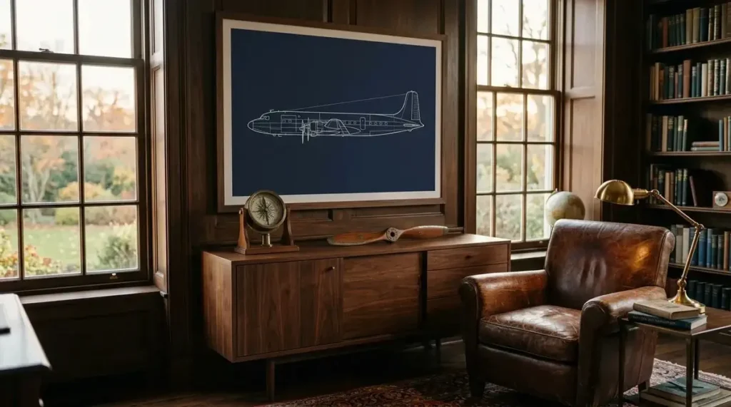 Plan technique d'un avion de ligne en trait blanc sur fond bleu marine, encadre et expose dans un salon avec fauteuil en cuir et bibliotheque