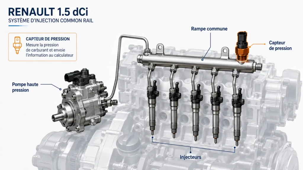 Schema technique annote du systeme d'injection Common Rail d'un moteur Renault 1.5 dCi montrant la pompe haute pression, la rampe commune, le capteur de pression et les quatre injecteurs